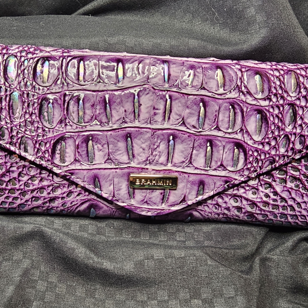 Brahmin Iridescent Purple Crocodile Embossed Clutch
